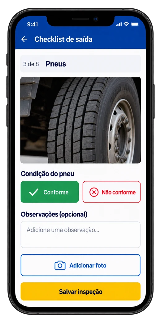 Tela do aplicativo do motorista com o checklist de saída do item pneus