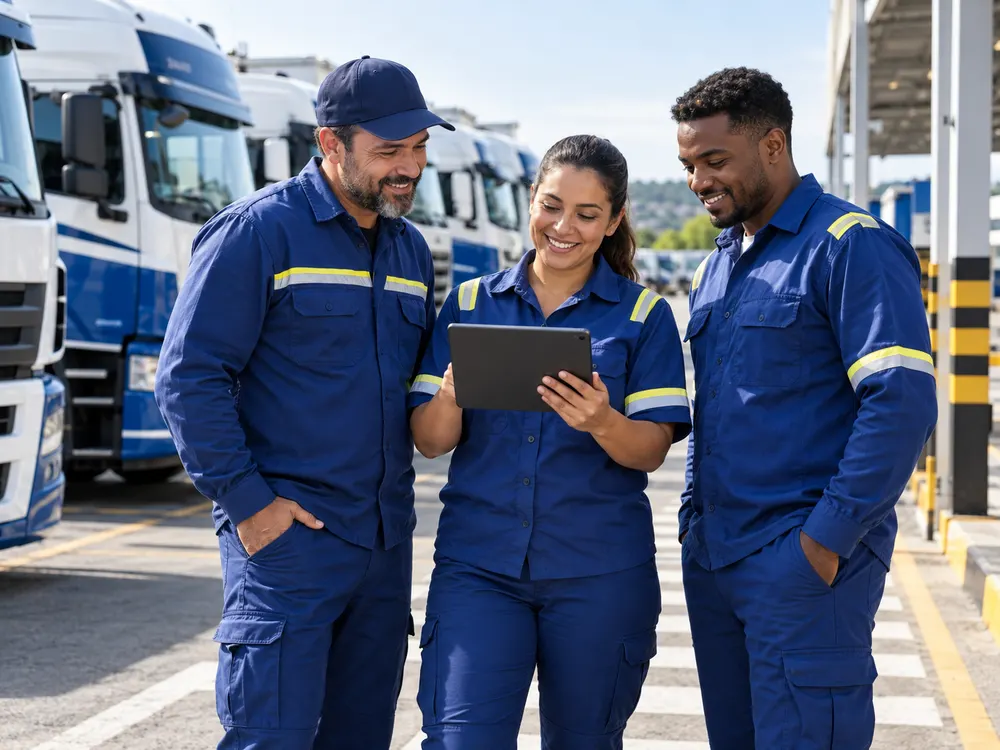 Equipe de transporte acompanhando os resultados em um tablet no pátio da frota